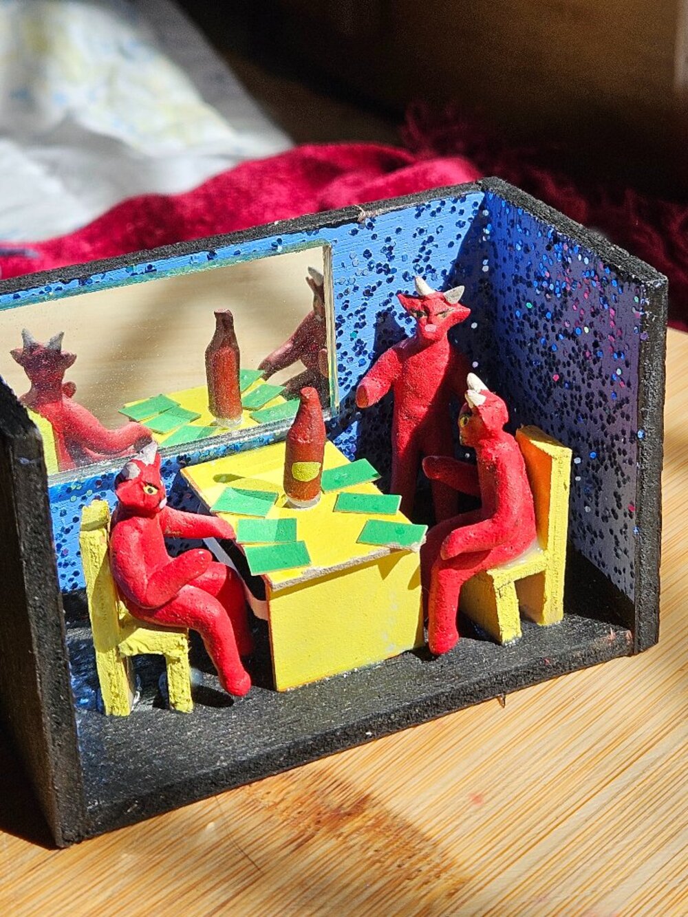 VINTAGE OAXACAN GAMBLING AND LIQUOR DRINKING DEVILS SCULPTURED DIORAMA
